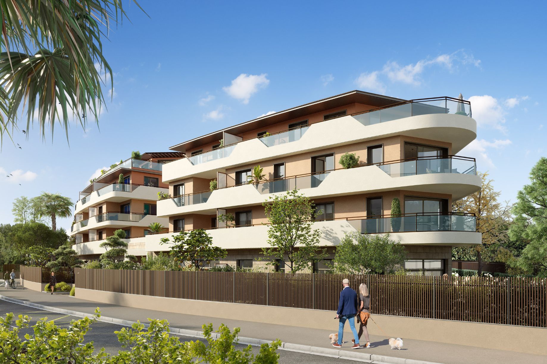 Architectural visualisation of the Antibes residence, showing curved terraces, landscaped grounds and palm trees.