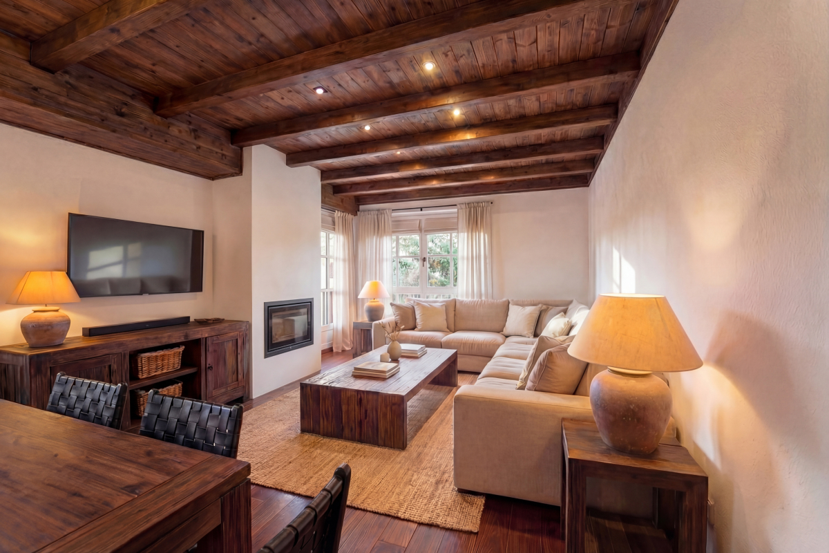 A living room with beamed ceiling and fireplace in a ski-in/ski-out apartment at Baqueira