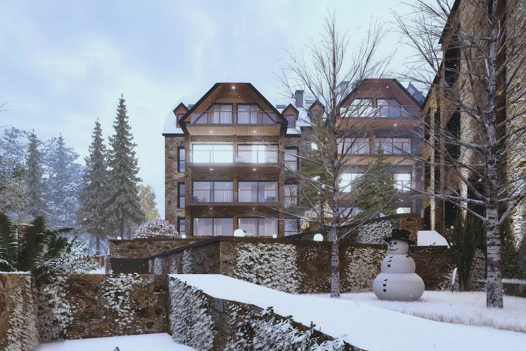 Snow-covered chalets among pines at Baqueira in midwinter