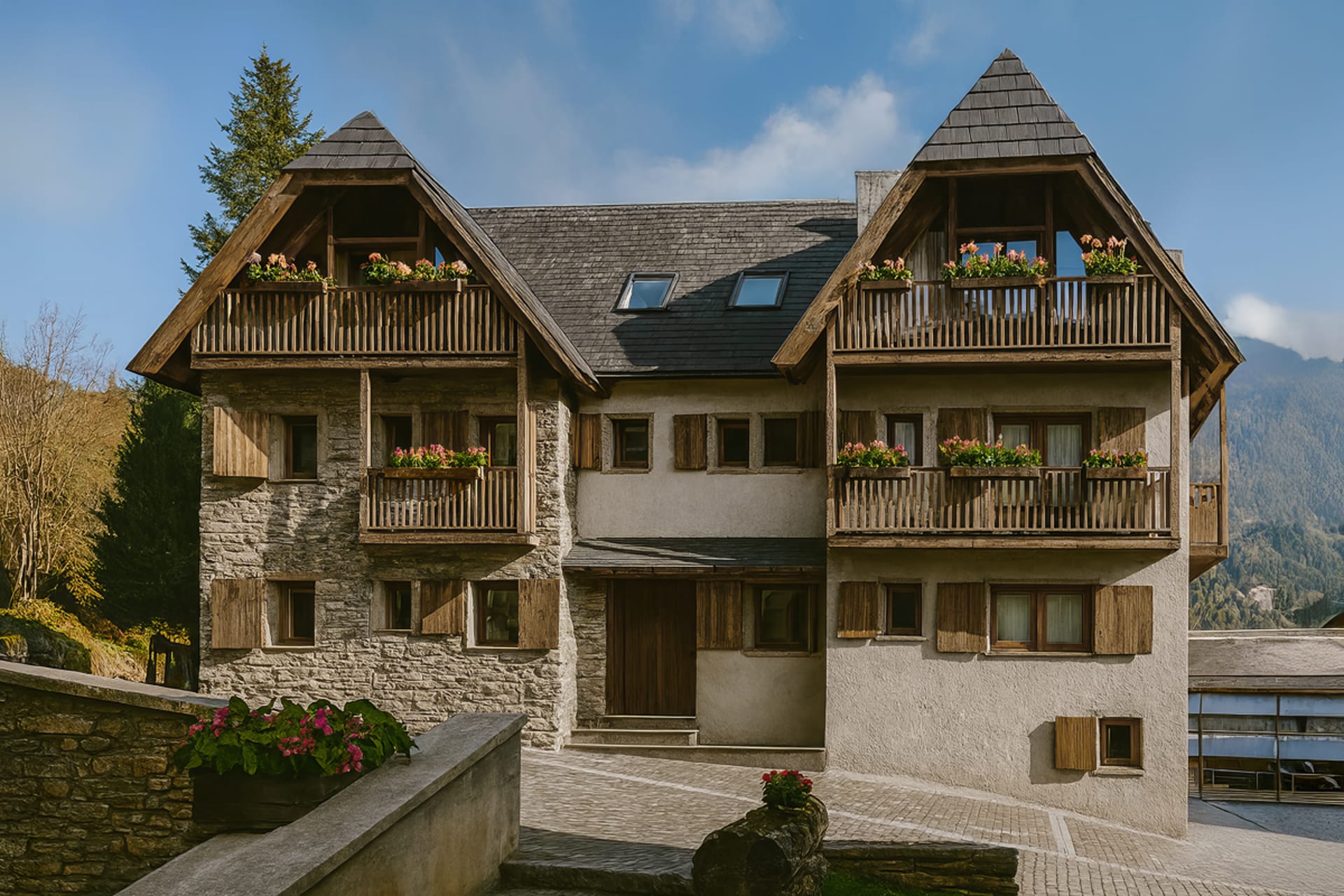 A stone and timber chalet in Baqueira, Val d'Aran, in early summer