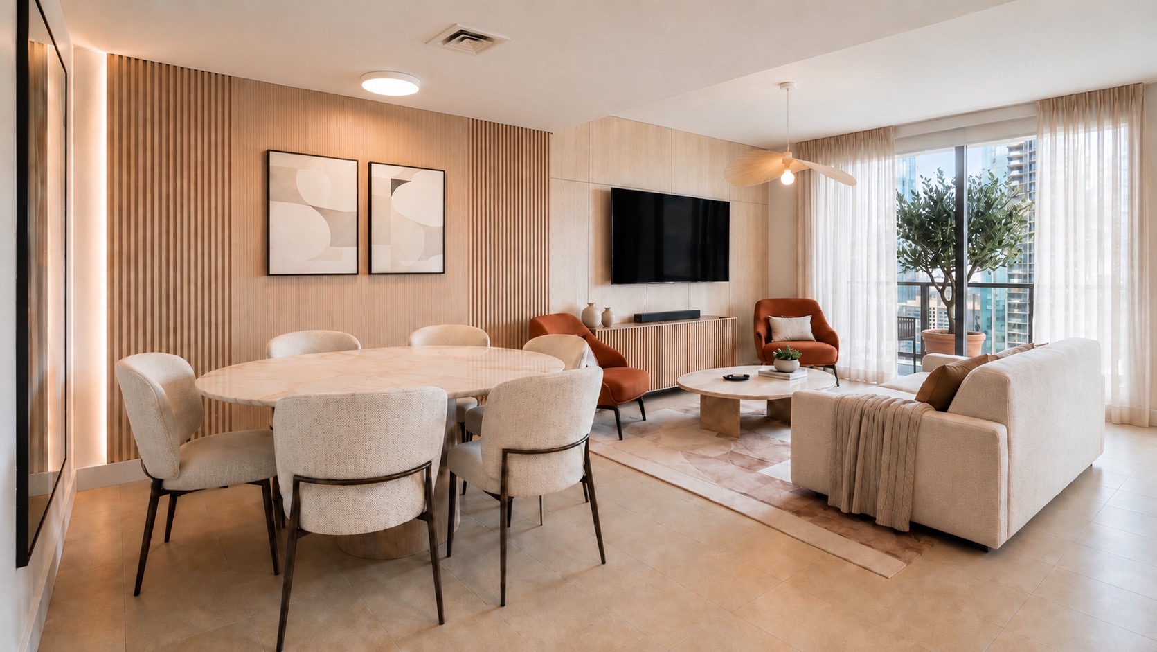 Furnished open-plan living and dining room in the one-bedroom Miami apartment.