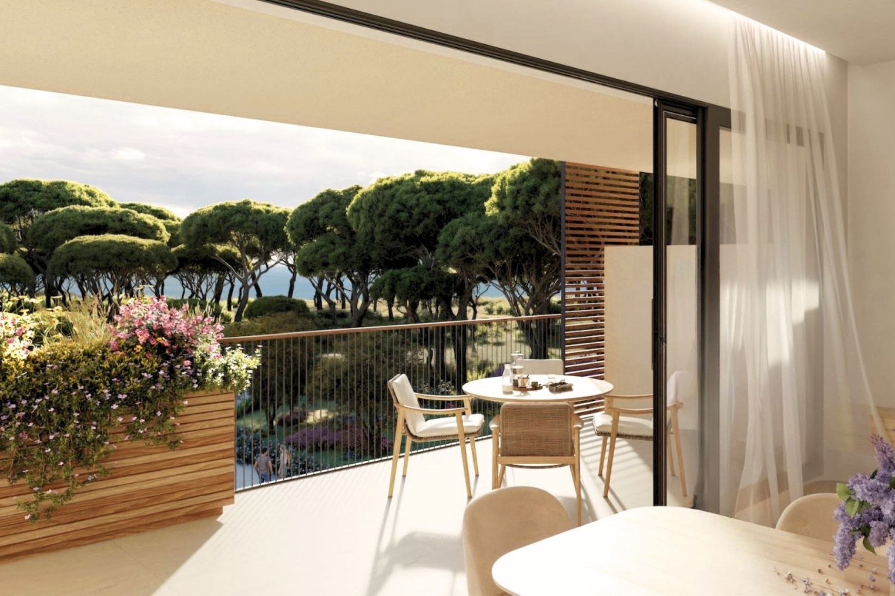 Architectural visualisation of a covered balcony in the Palamós penthouse, overlooking pine trees towards the sea.
