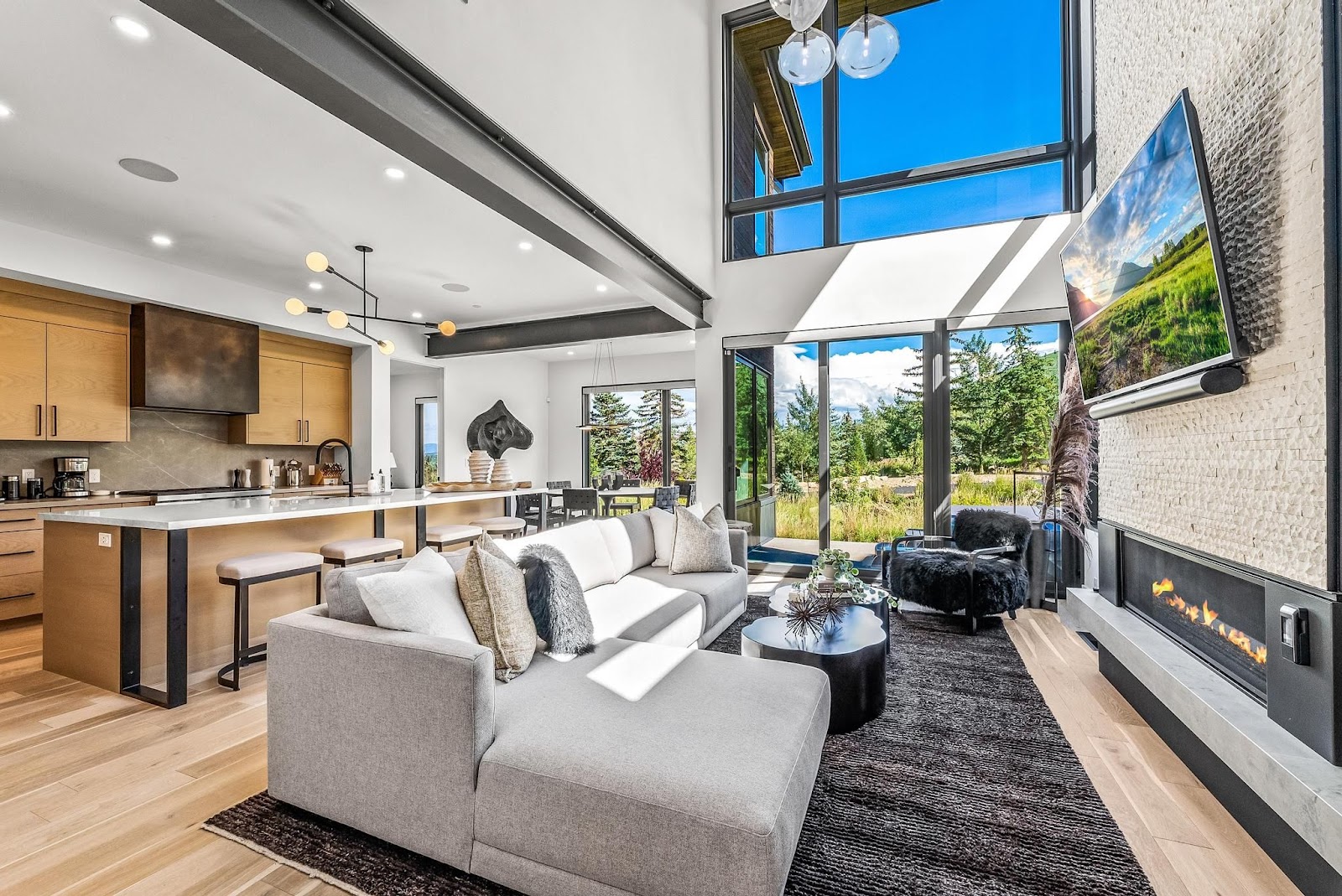 Open-plan living room and kitchen inside the Park City co-ownership townhouse.