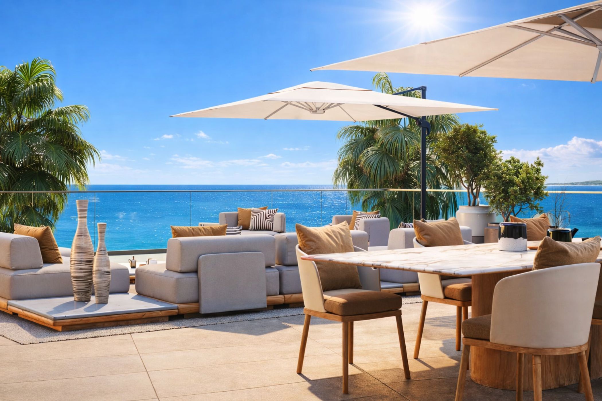 A shaded terrace above the Baie des Anges, the Mediterranean beyond