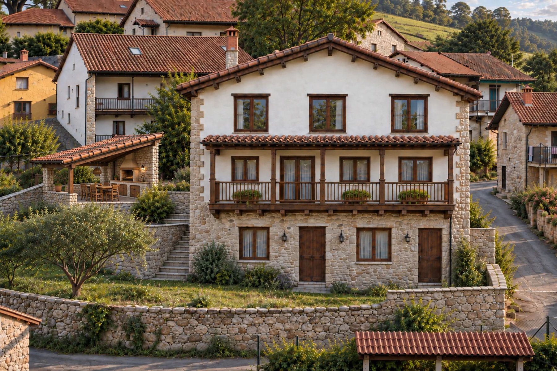 A large stone family house with a garden in Labarces, Cantabria, overlooking green valleys