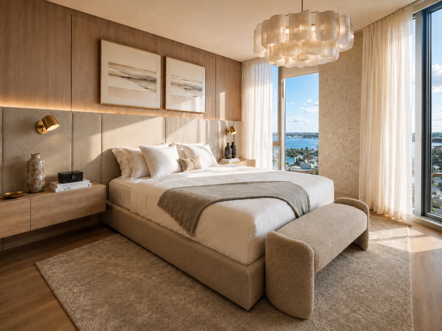 Bedroom in the Singer Island residence with tall windows overlooking the Intracoastal Waterway.