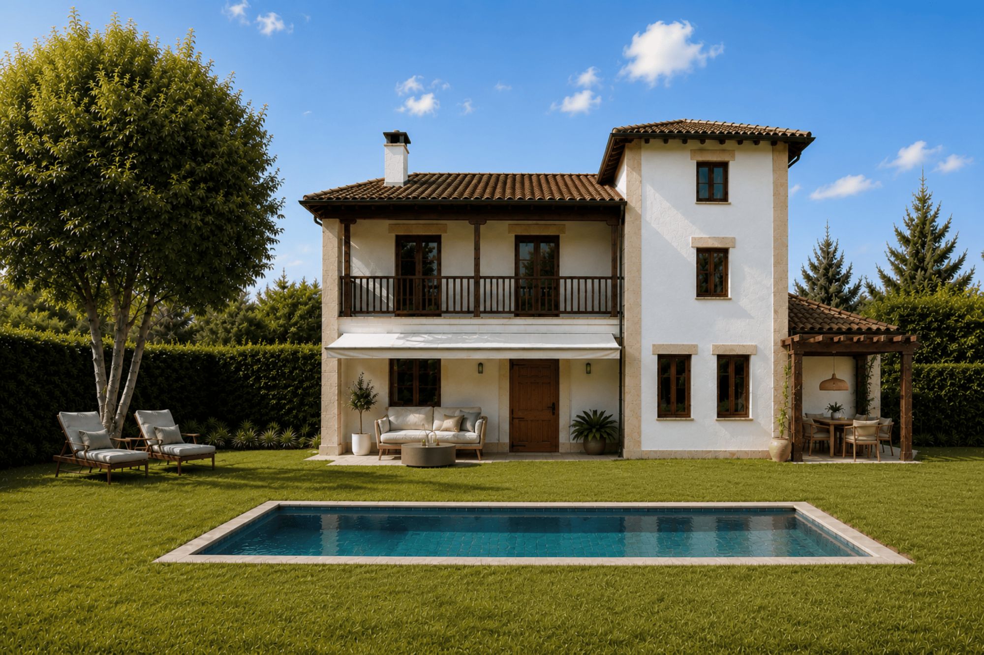 A family house with a private pool in Ruiloba, Cantabria, looking across green hills to the peaks of the Picos de Europa